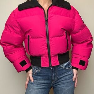 Moose Knuckles Cropped Pink Quilted Jacket with Black Trim, size Small